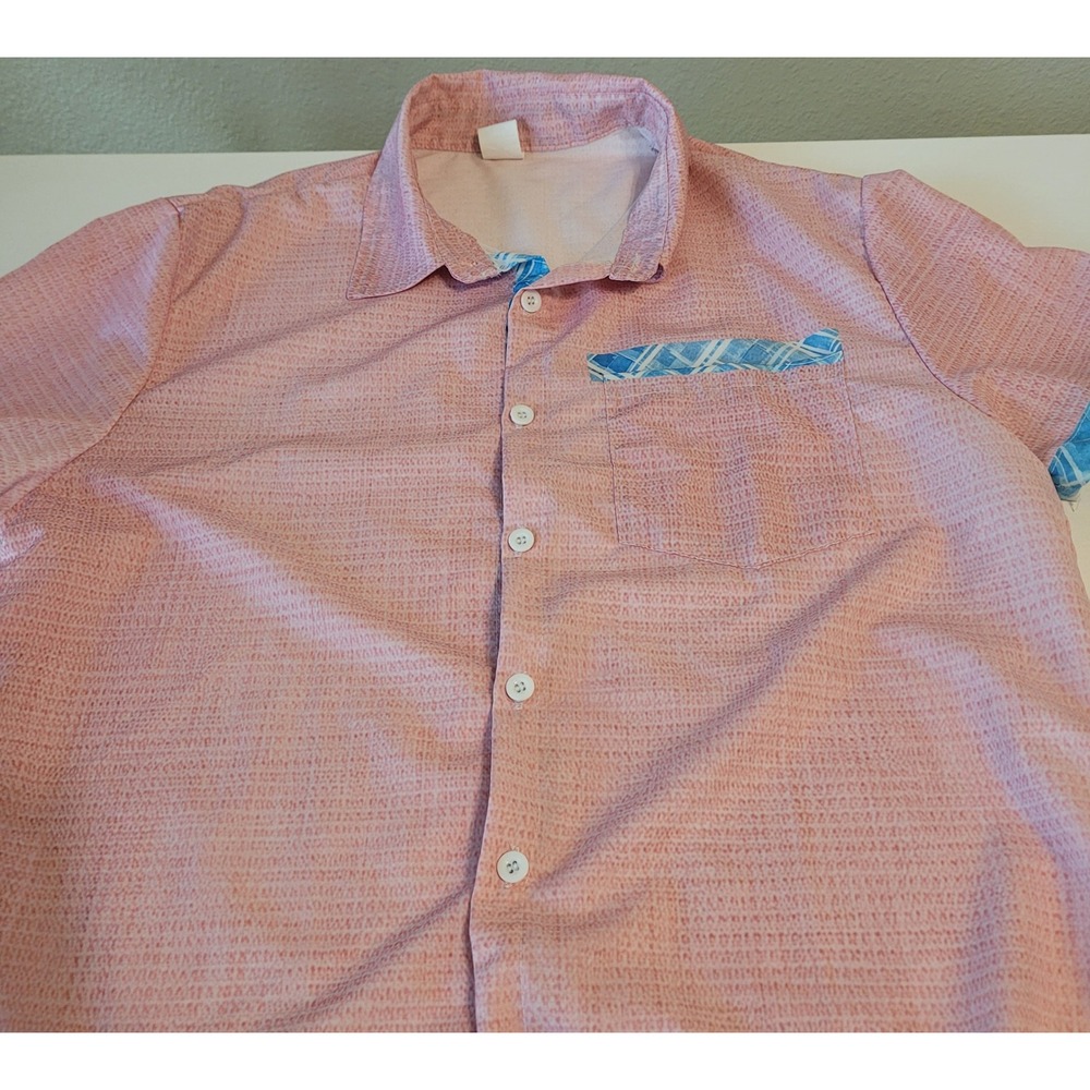 Unbranded Short Sleeve Button Down Men Medium Pink Plaid Trim Textured Shirt - Picture 2 of 6